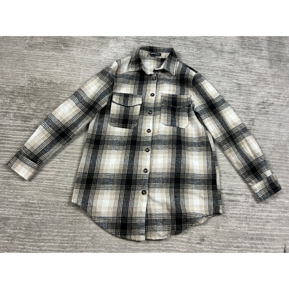 SHEIN Shacket Women S‎ Black White Plaid Button Down Long Sleeve Chest Pockets
